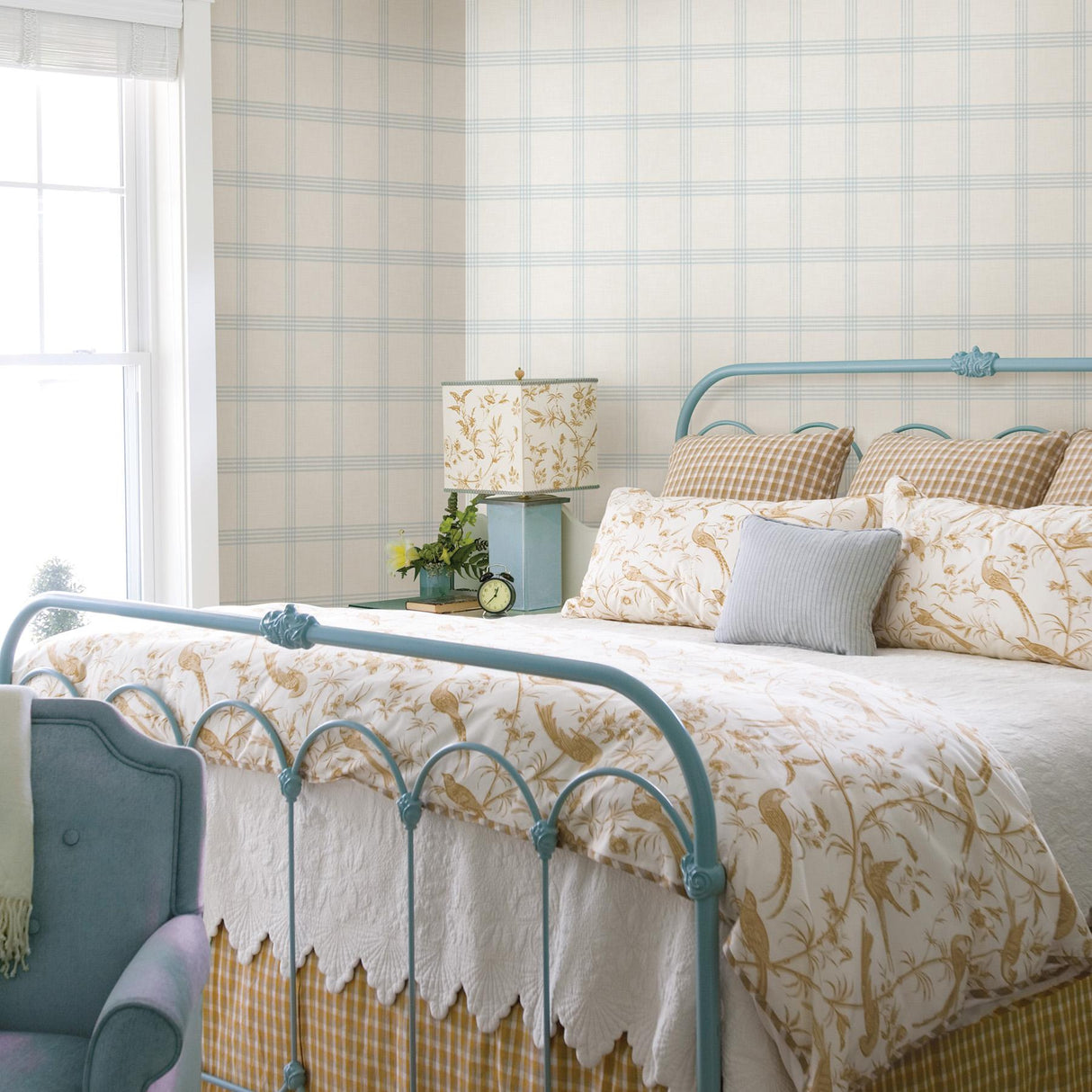 York Twain Light Blue Plaid Wallpaper