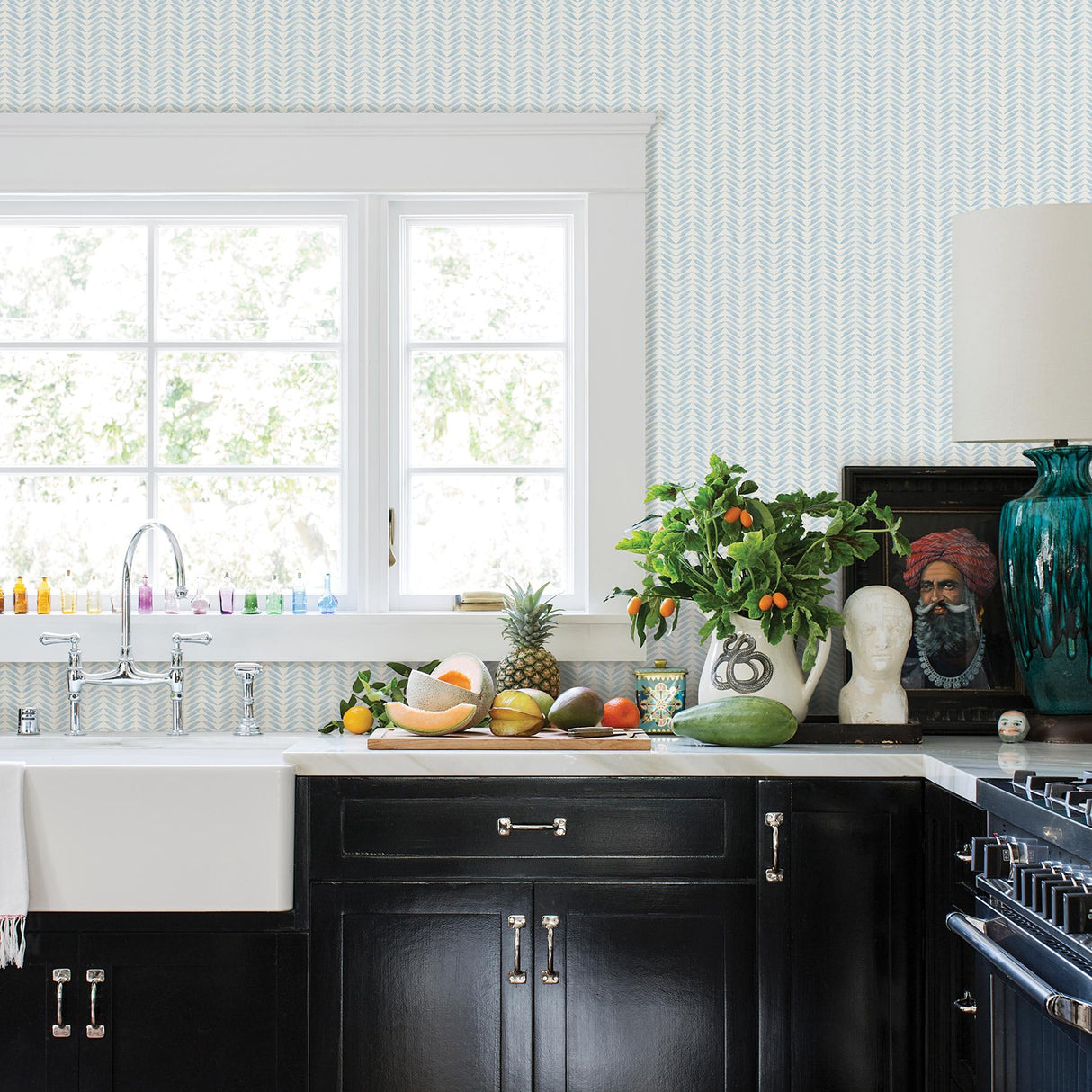 York Espalier Sky Blue Chevron Stripe Wallpaper
