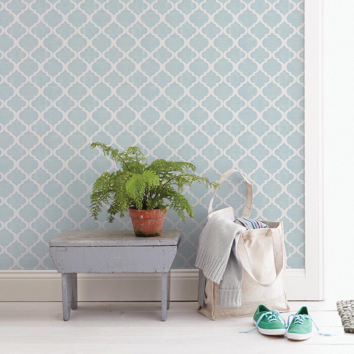 York Watercolor Blue Quatrefoil Wallpaper
