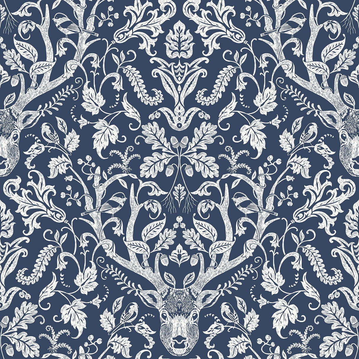 York Kiwassa Navy Antler Damask Wallpaper