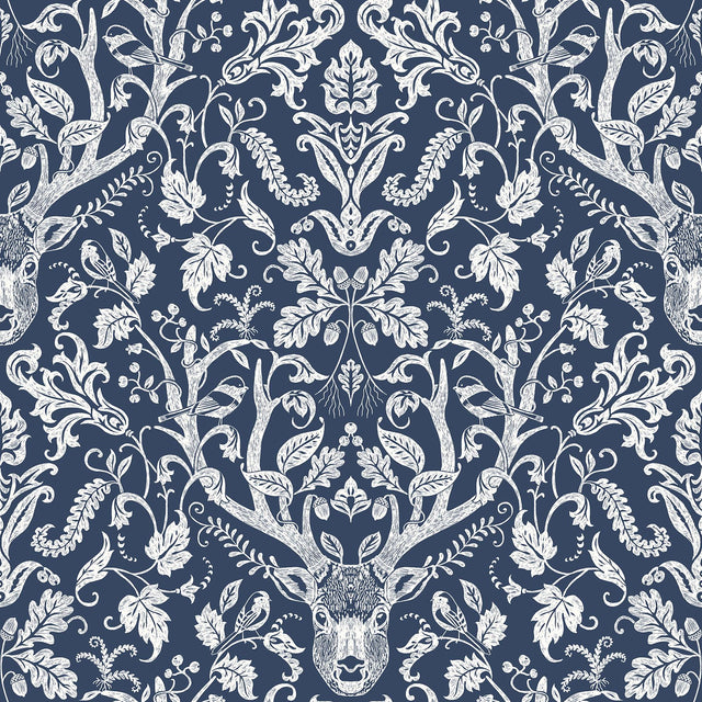 York Kiwassa Navy Antler Damask Wallpaper