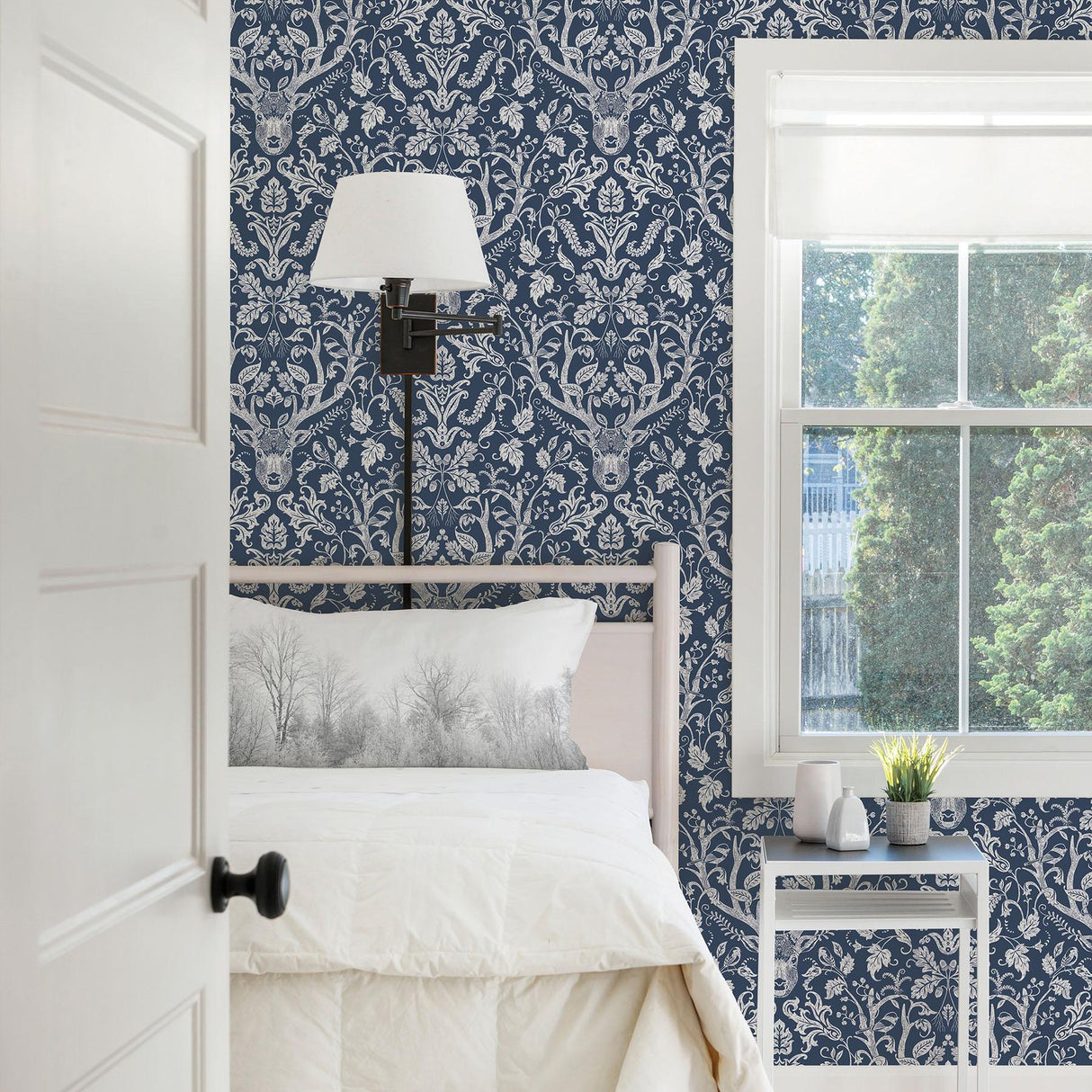 York Kiwassa Navy Antler Damask Wallpaper