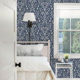 York Kiwassa Navy Antler Damask Wallpaper