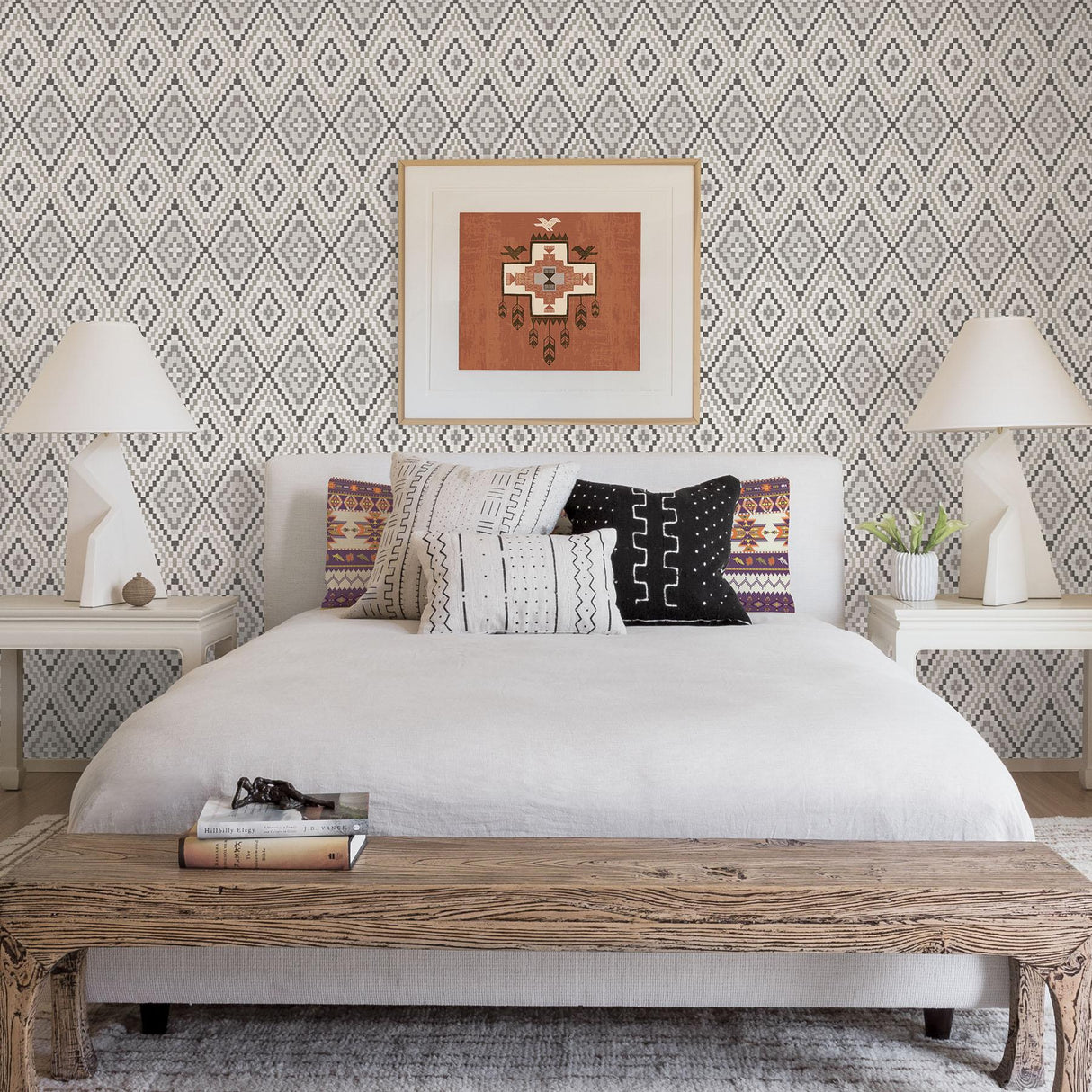 York Ganado Dark Brown Geometric Ikat Wallpaper