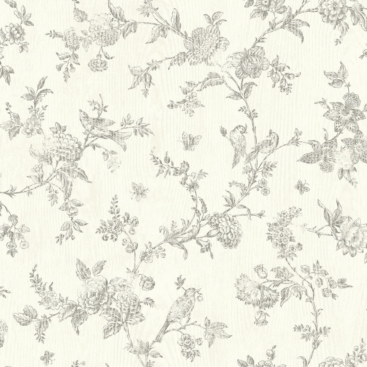 York French Nightingale Taupe Floral Scroll Wallpaper