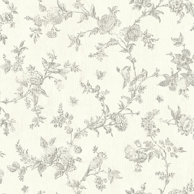 York French Nightingale Taupe Floral Scroll Wallpaper