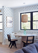 York Ervic Blue Leaf Block Print Wallpaper