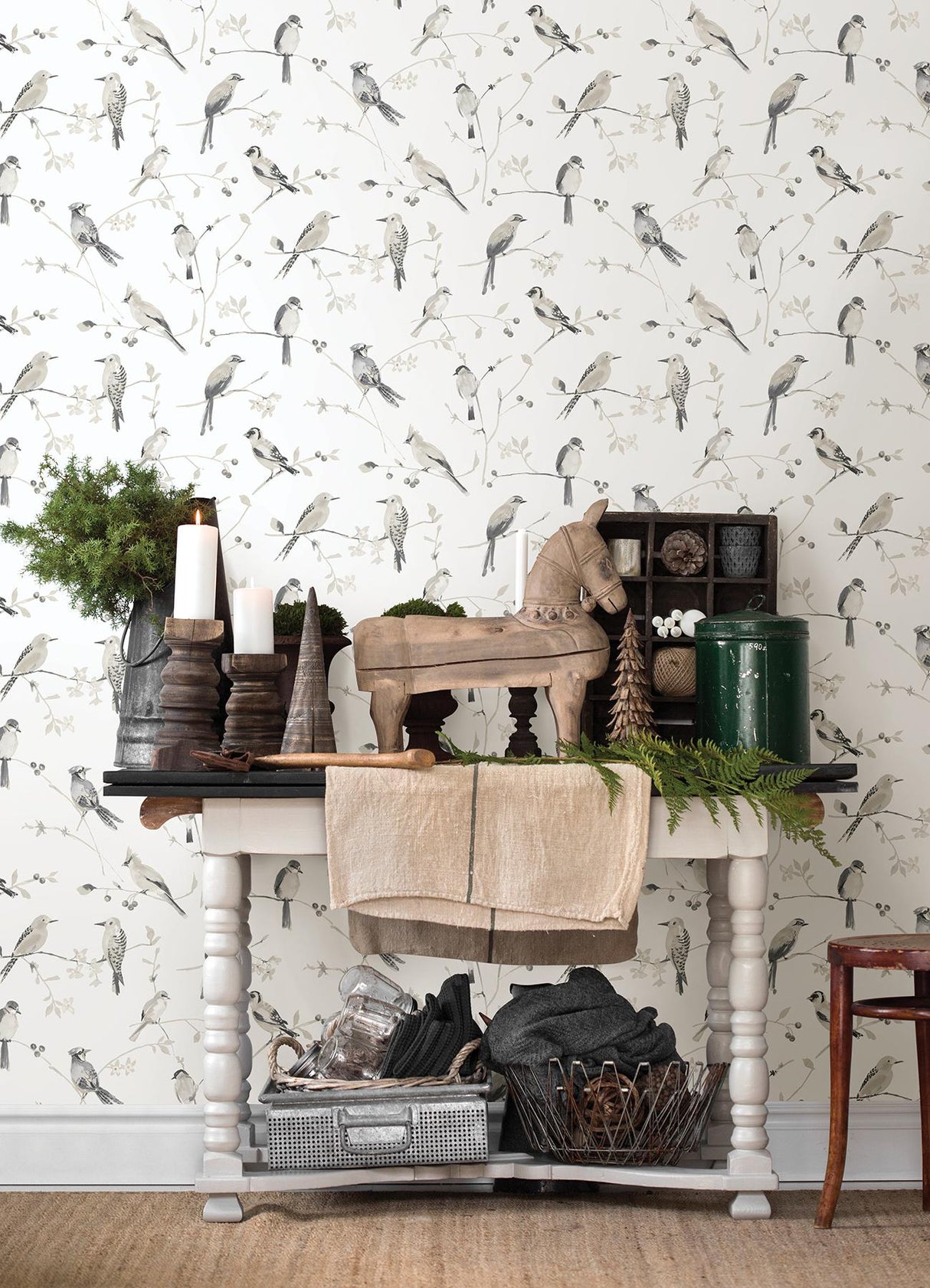 York Birdsong Grey Trail Wallpaper