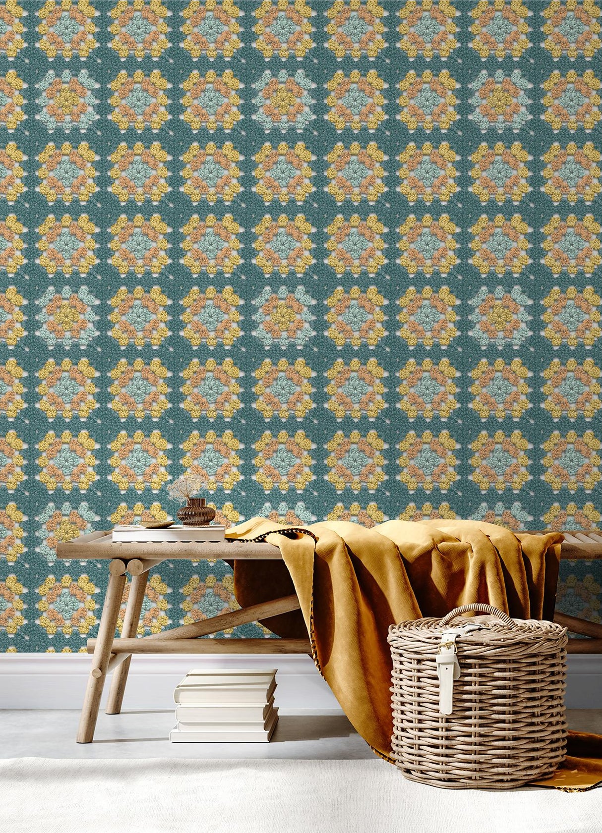 York Maud Teal Crochet Geometric Wallpaper