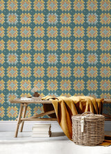 York Maud Teal Crochet Geometric Wallpaper