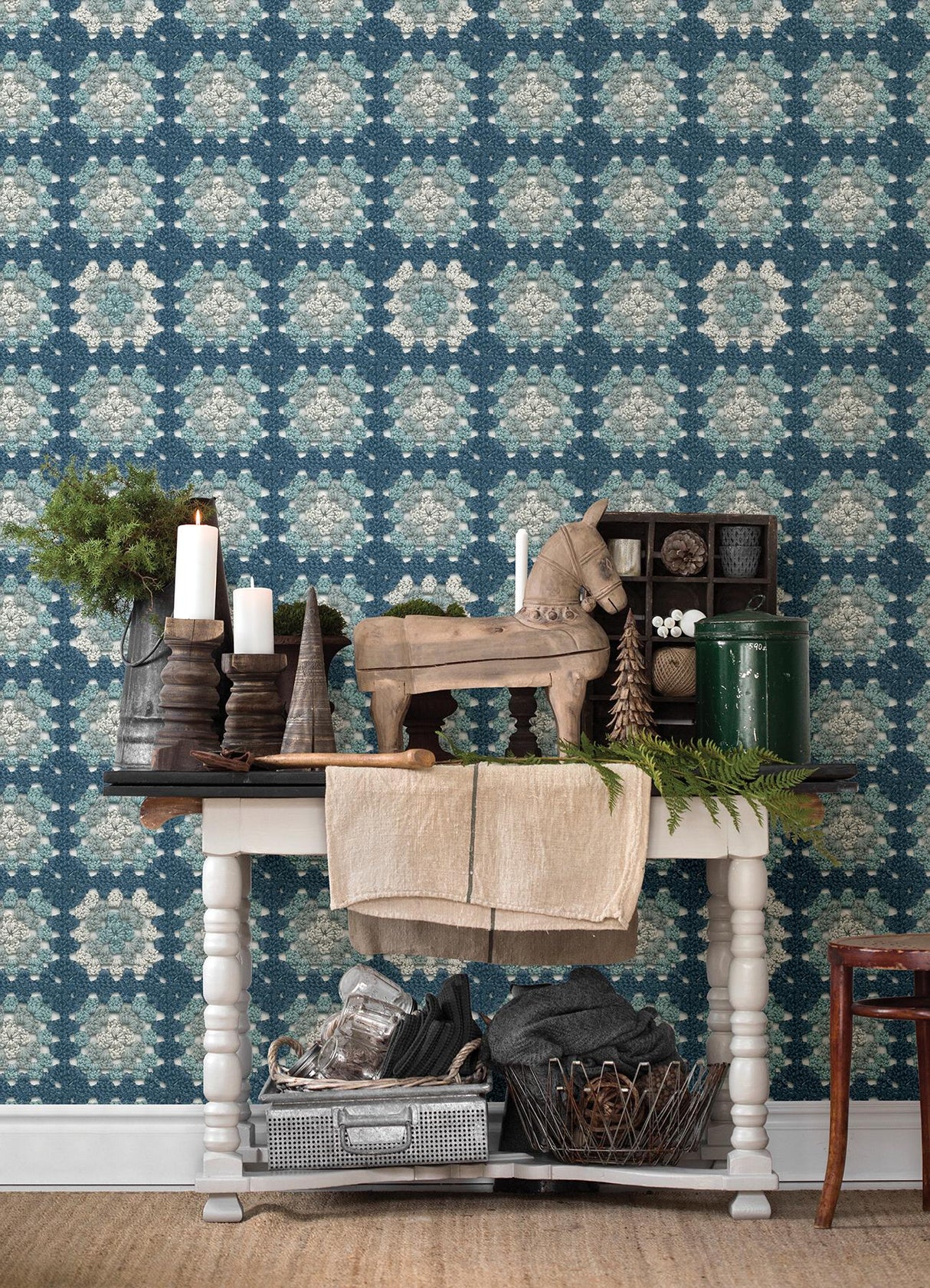 York Maud Blue Crochet Geometric Wallpaper