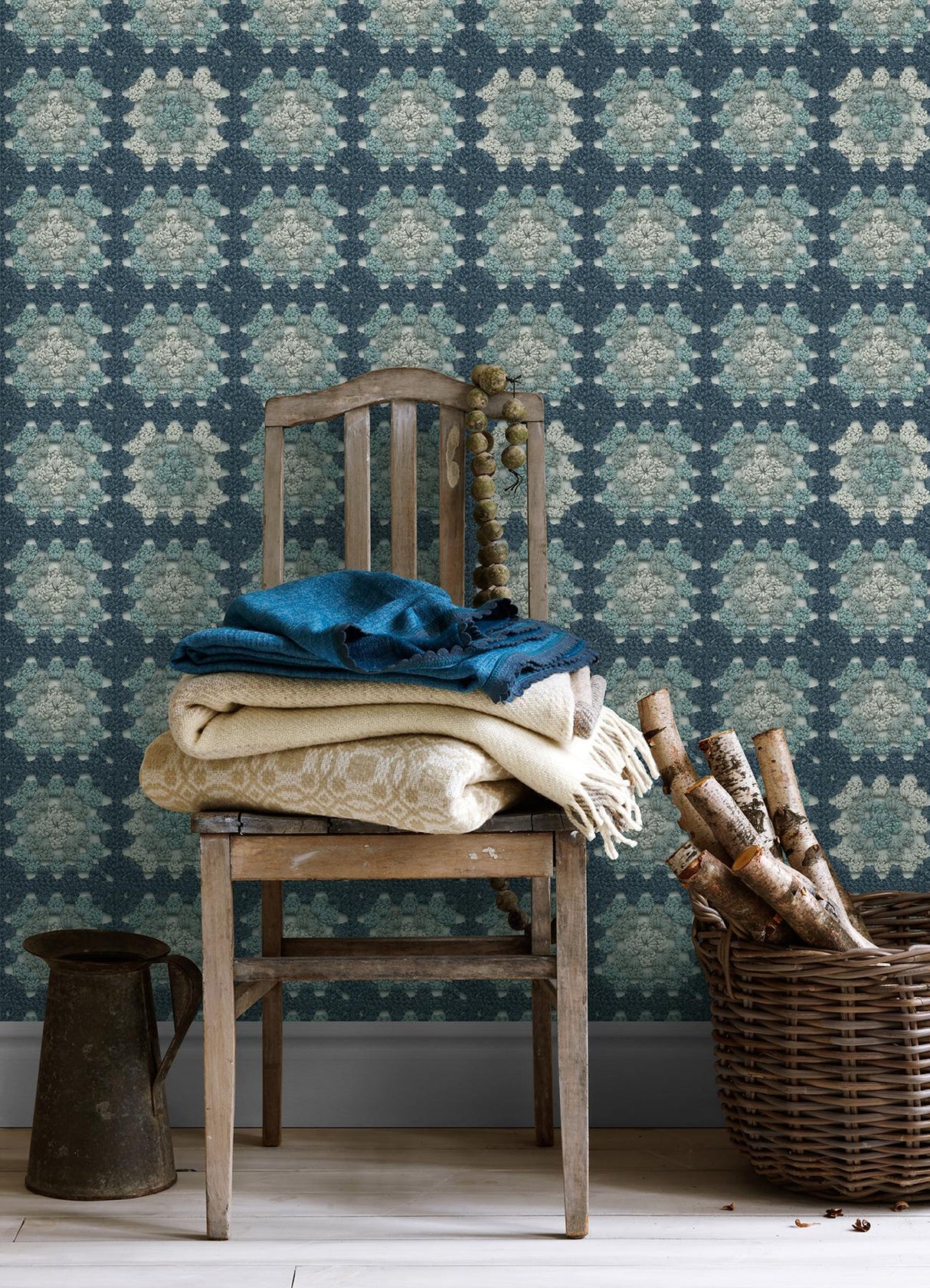 York Maud Blue Crochet Geometric Wallpaper