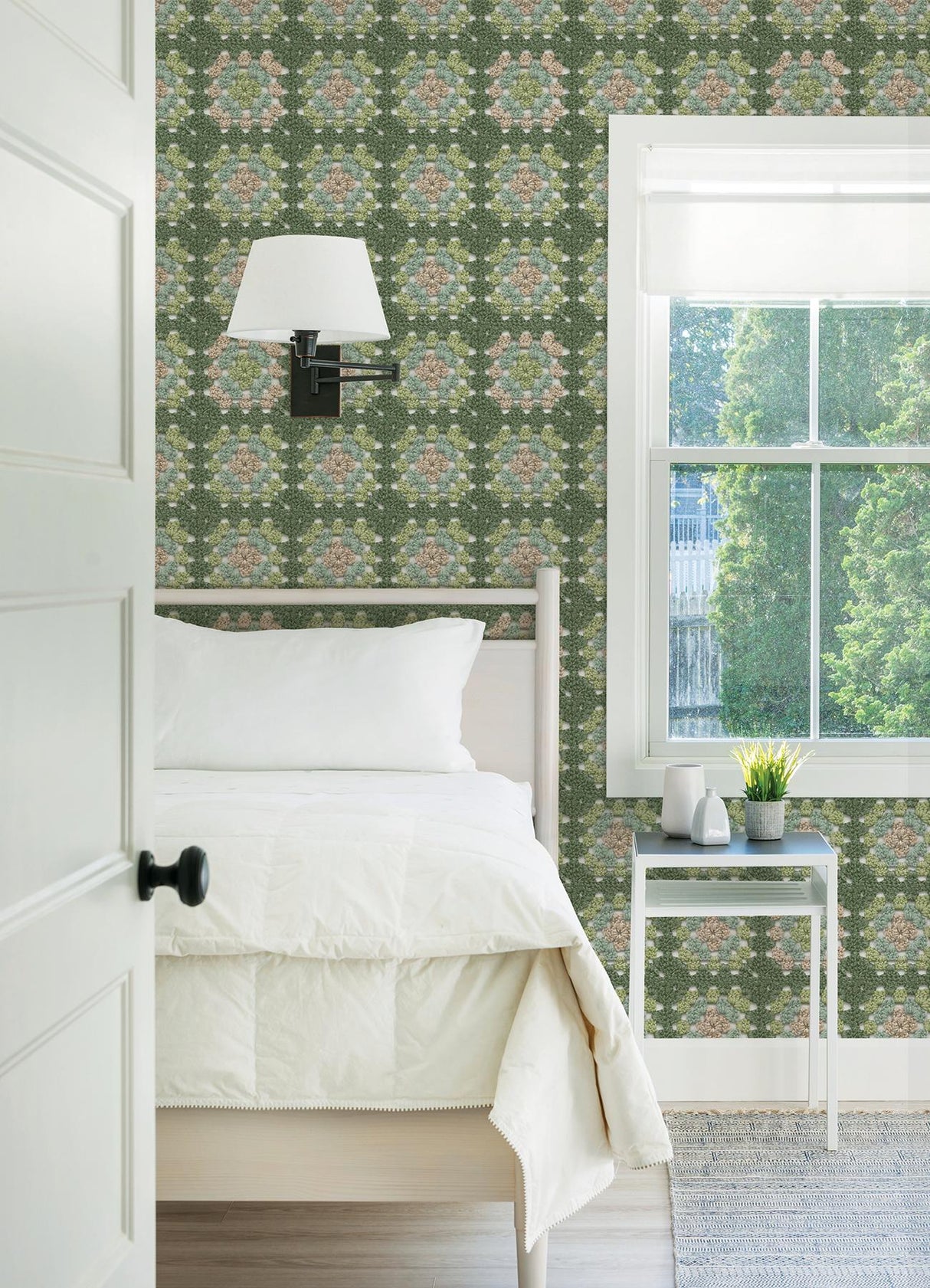 York Maud Green Crochet Geometric Wallpaper