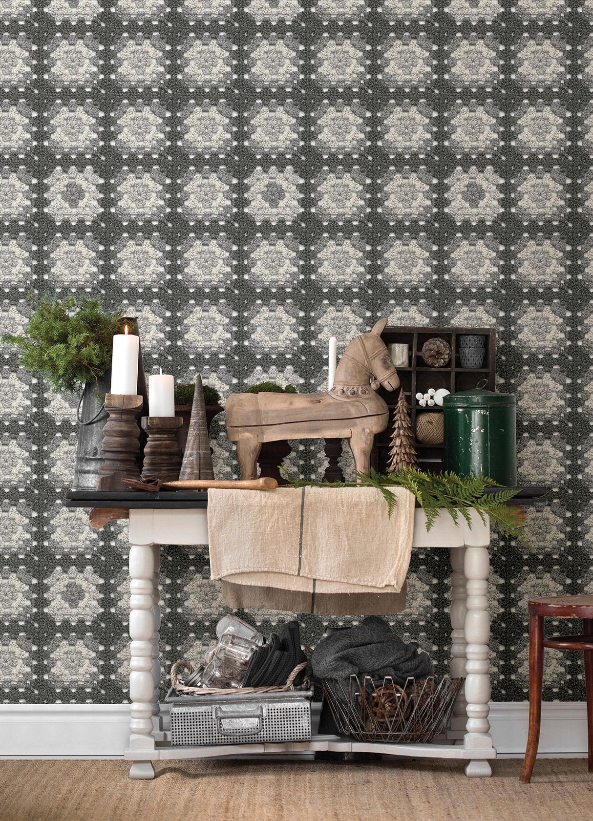 York Maud Grey Crochet Geometric Wallpaper