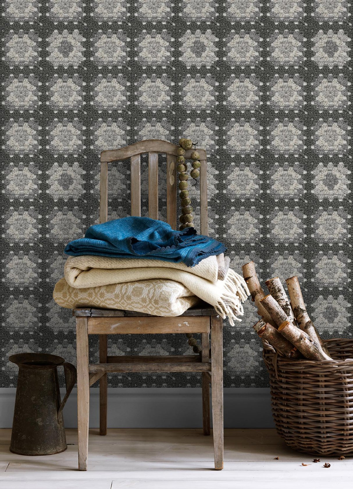 York Maud Grey Crochet Geometric Wallpaper