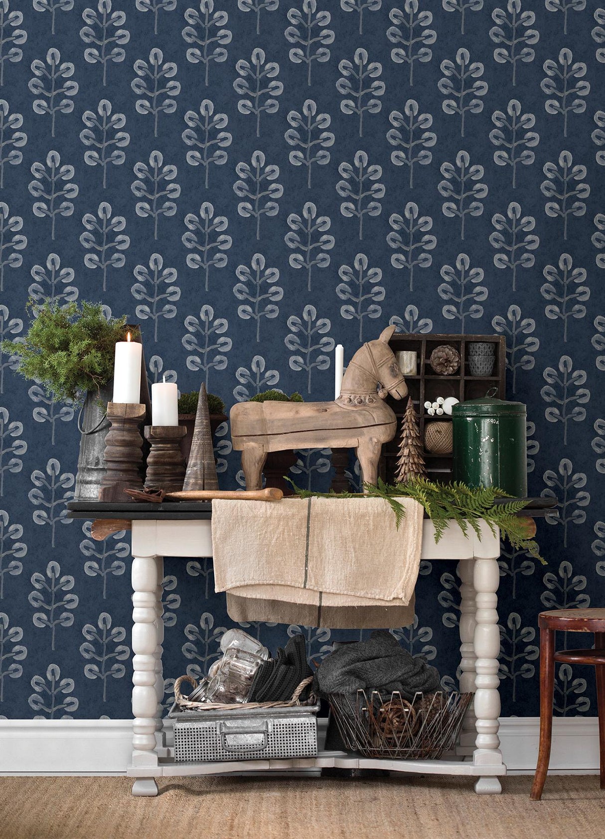 York Plum Tree Dark Blue Botanical Wallpaper