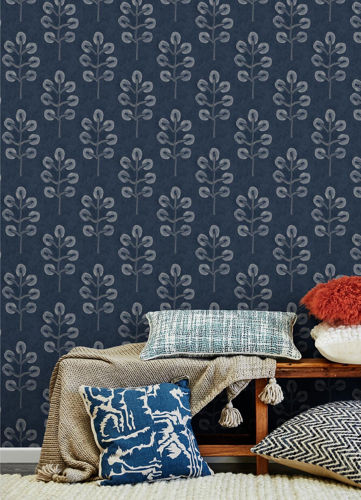York Plum Tree Dark Blue Botanical Wallpaper