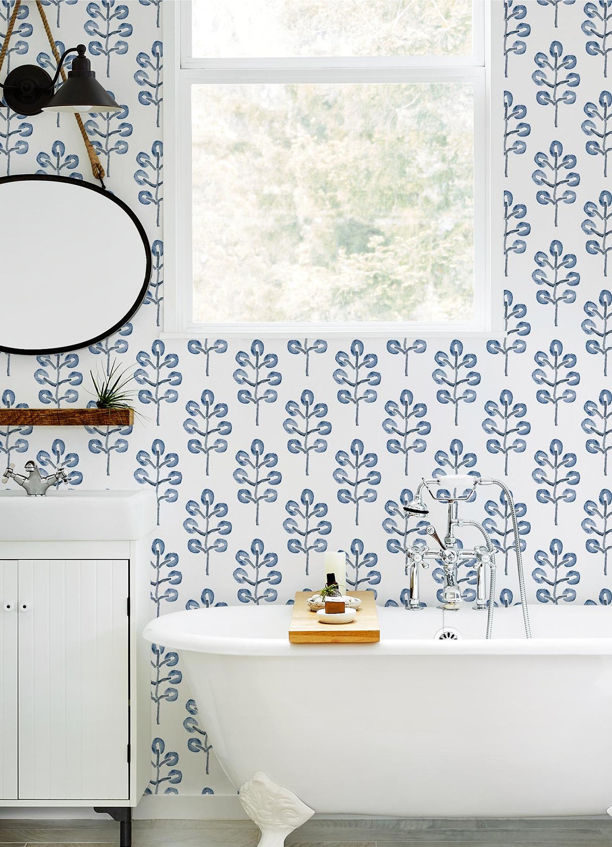 York Plum Tree Blue Botanical Wallpaper
