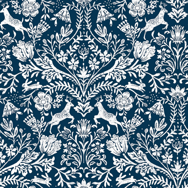 York Forest Dance Navy Damask Wallpaper