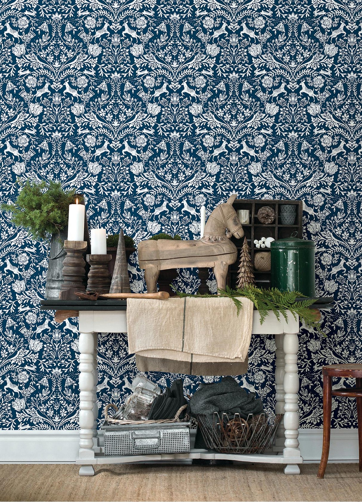 York Forest Dance Navy Damask Wallpaper