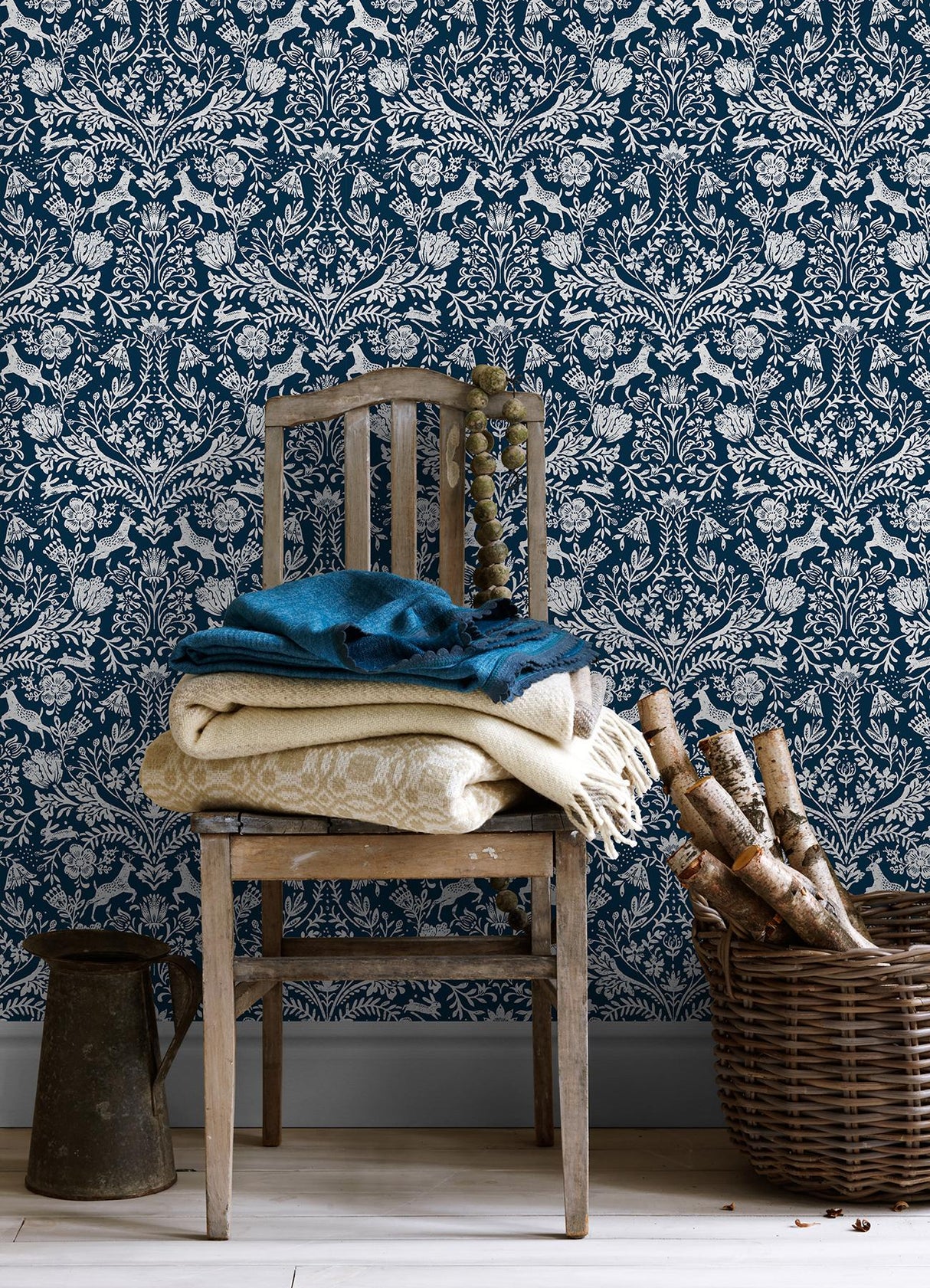 York Forest Dance Navy Damask Wallpaper