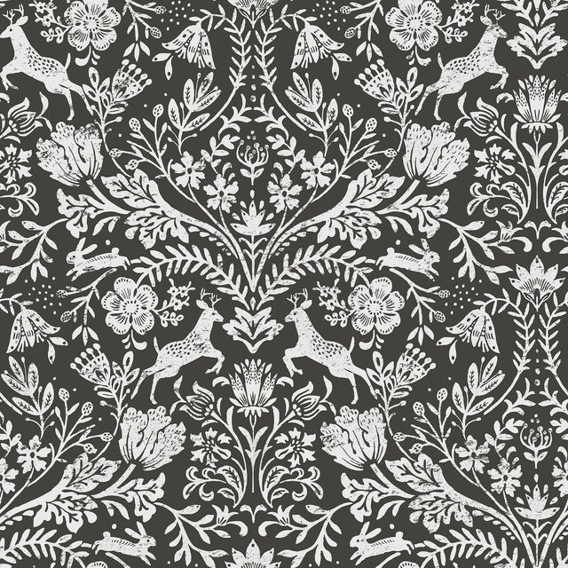 York Forest Dance Charcoal Damask Wallpaper