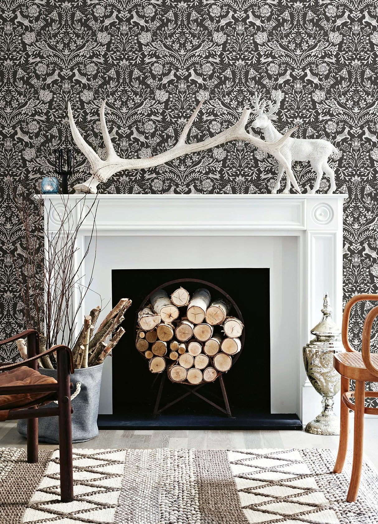 York Forest Dance Charcoal Damask Wallpaper