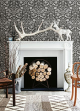 York Forest Dance Charcoal Damask Wallpaper