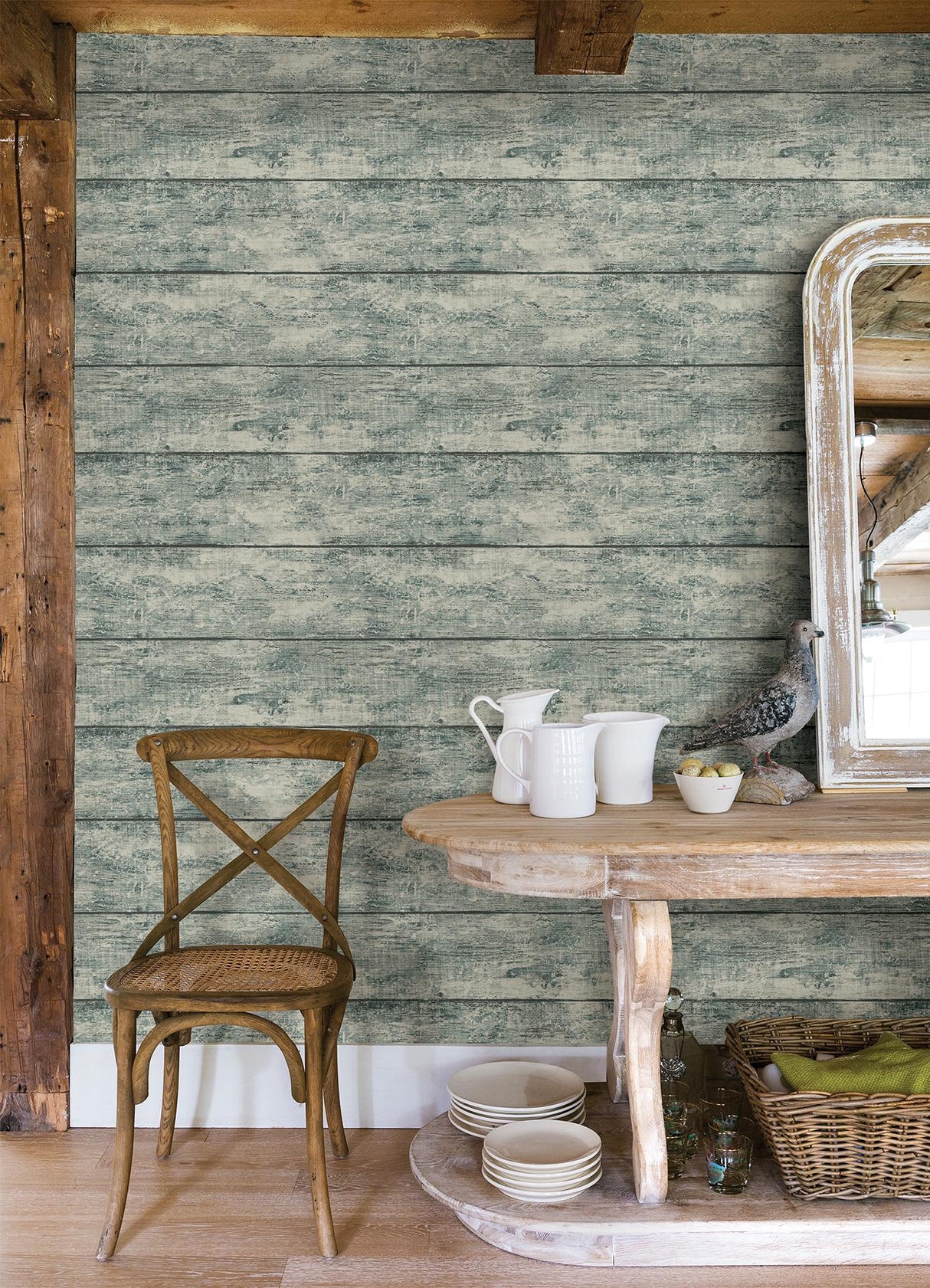 York Cabin Teal Wood Planks Wallpaper