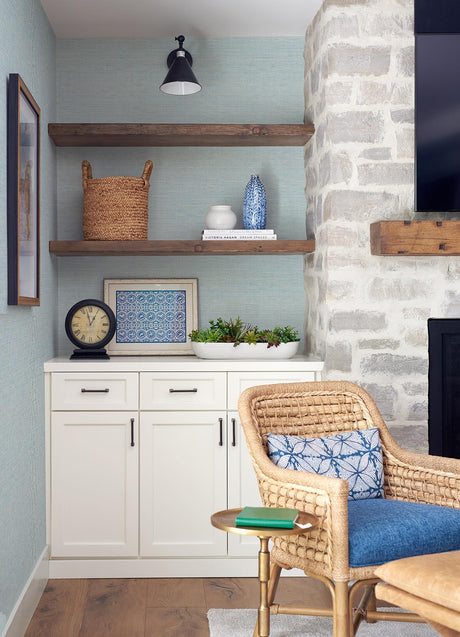 York Agave Blue Faux Grasscloth Wallpaper