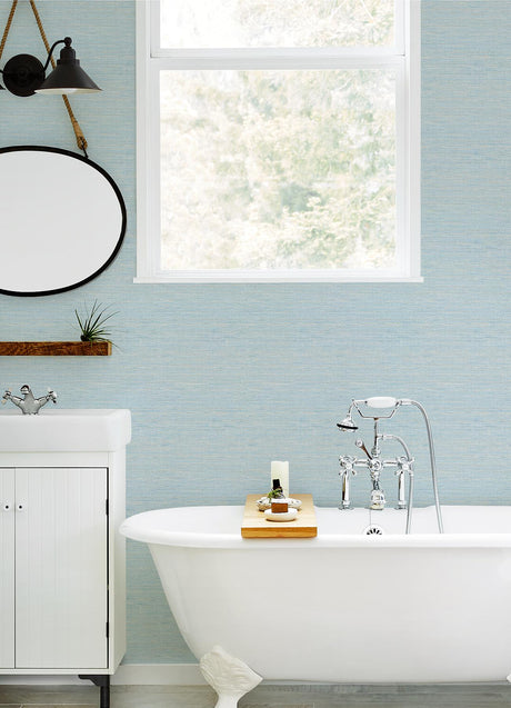 York Agave Blue Faux Grasscloth Wallpaper