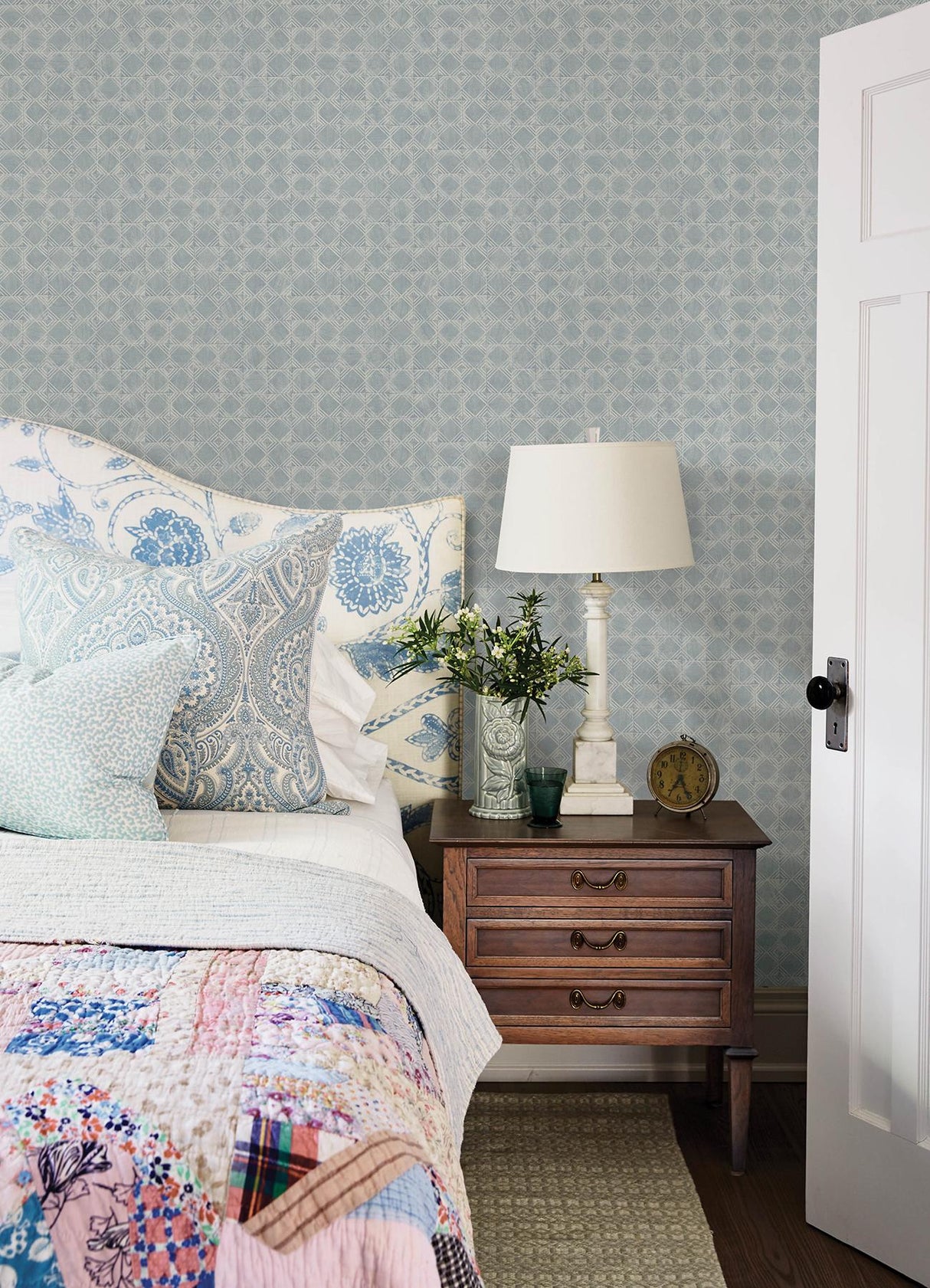 York Button Block Blue Geometric Wallpaper