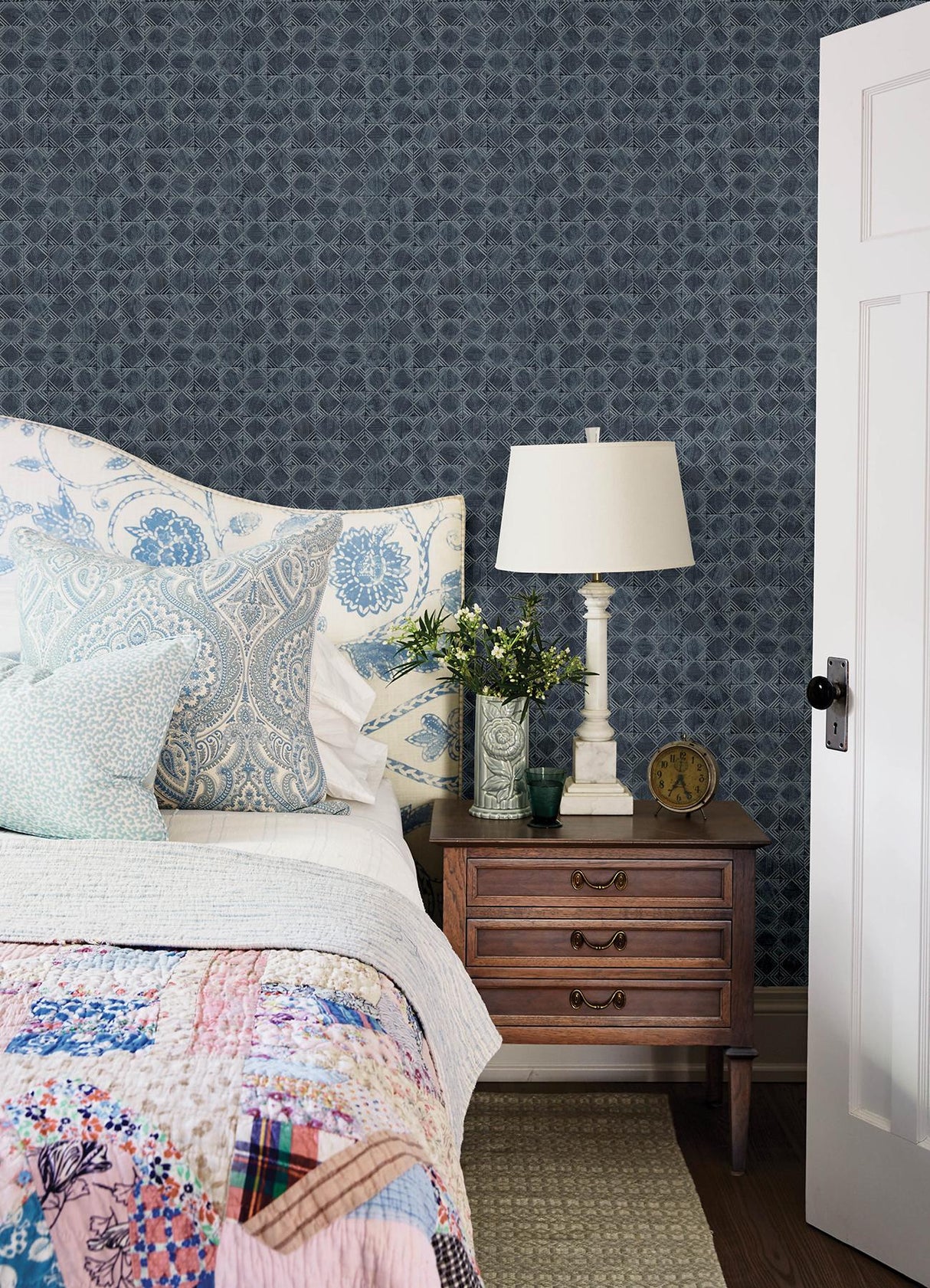 York Button Block Navy Geometric Wallpaper