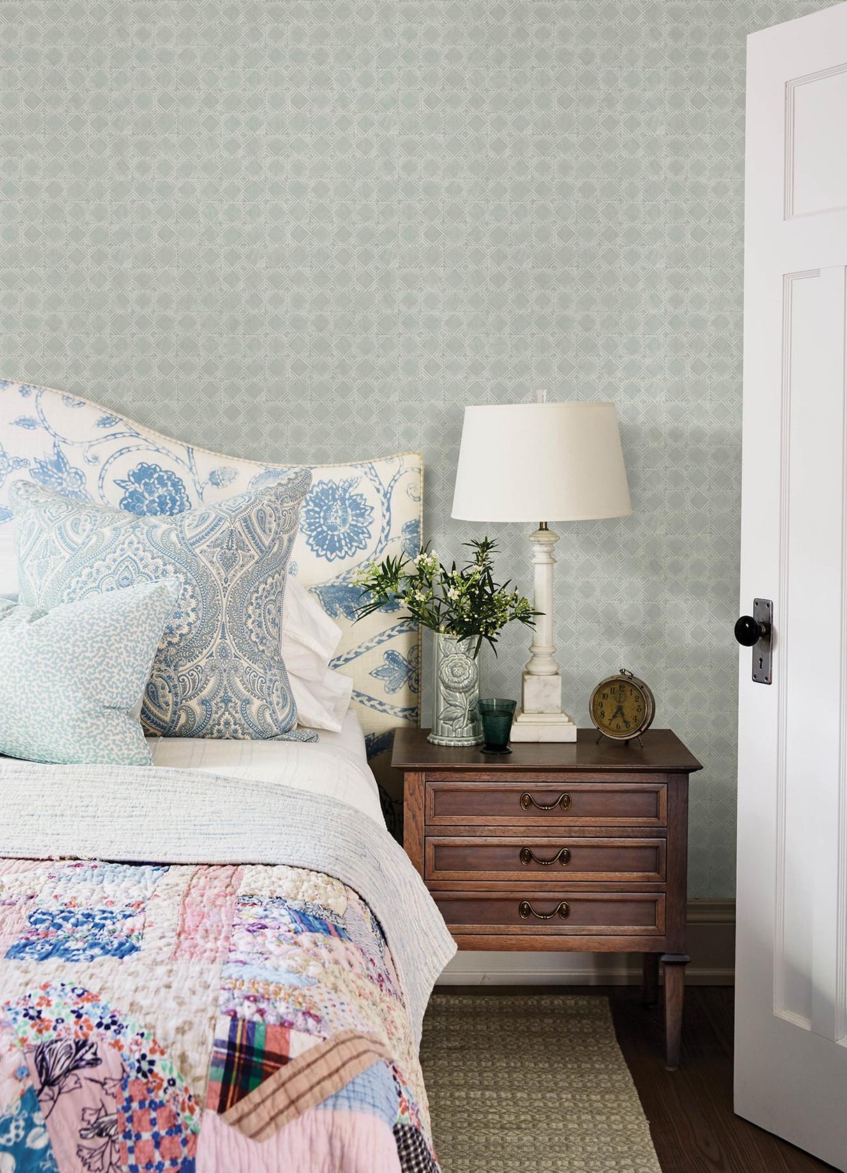 York Button Block Aqua Geometric Wallpaper