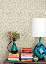 York Karachi Cream Wooden Damask Wallpaper