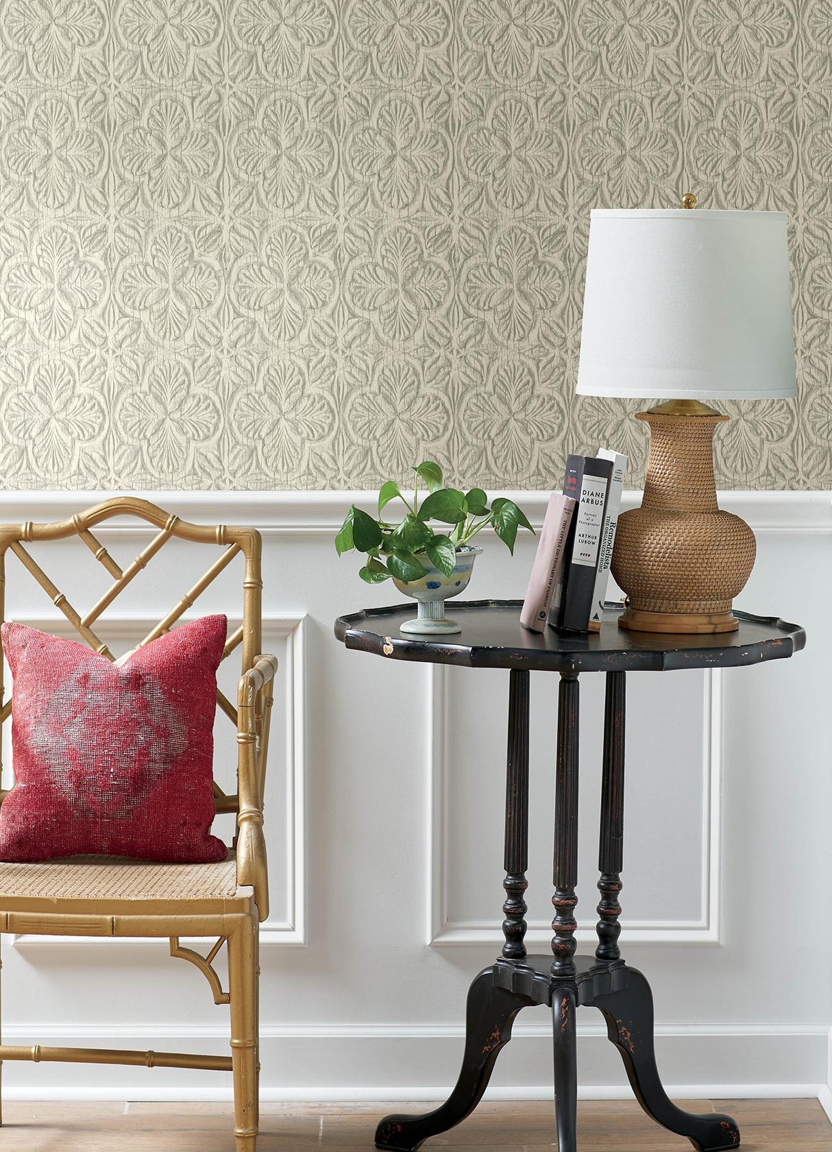 York Karachi White Wooden Damask Wallpaper
