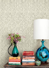 York Karachi White Wooden Damask Wallpaper