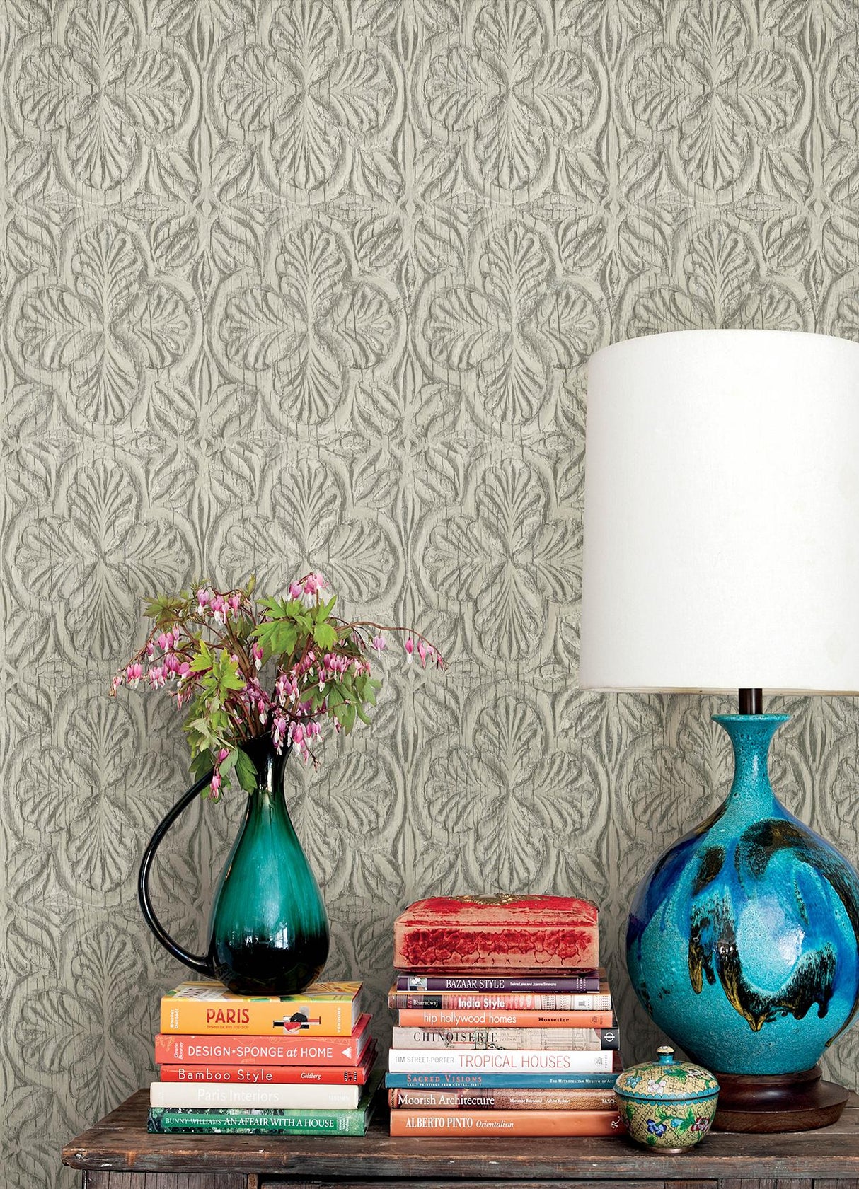 York Karachi Taupe Wooden Damask Wallpaper