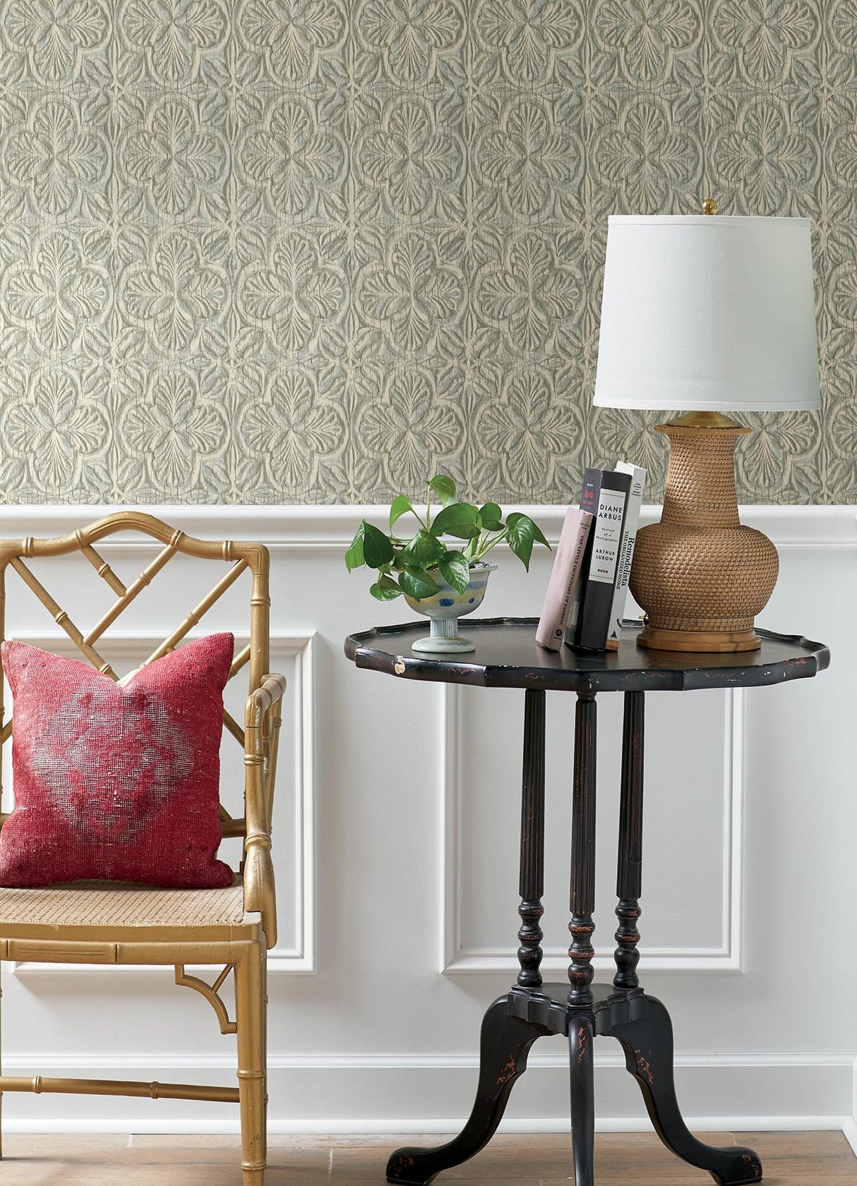 York Karachi Aqua Wooden Damask Wallpaper
