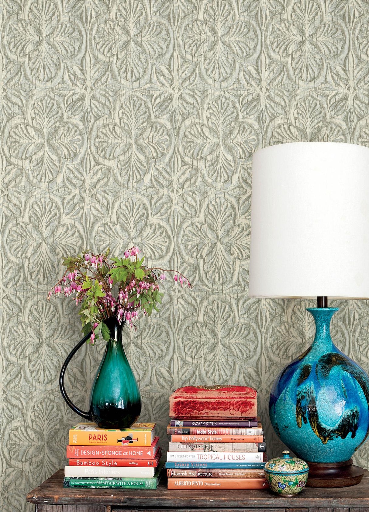 York Karachi Aqua Wooden Damask Wallpaper