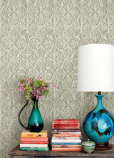 York Karachi Aqua Wooden Damask Wallpaper