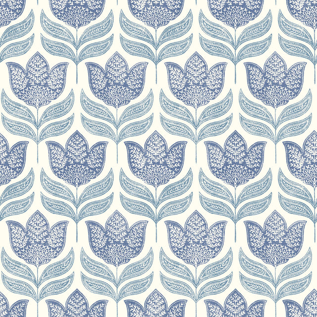 York Cathal Blue Tulip Block Print Wallpaper