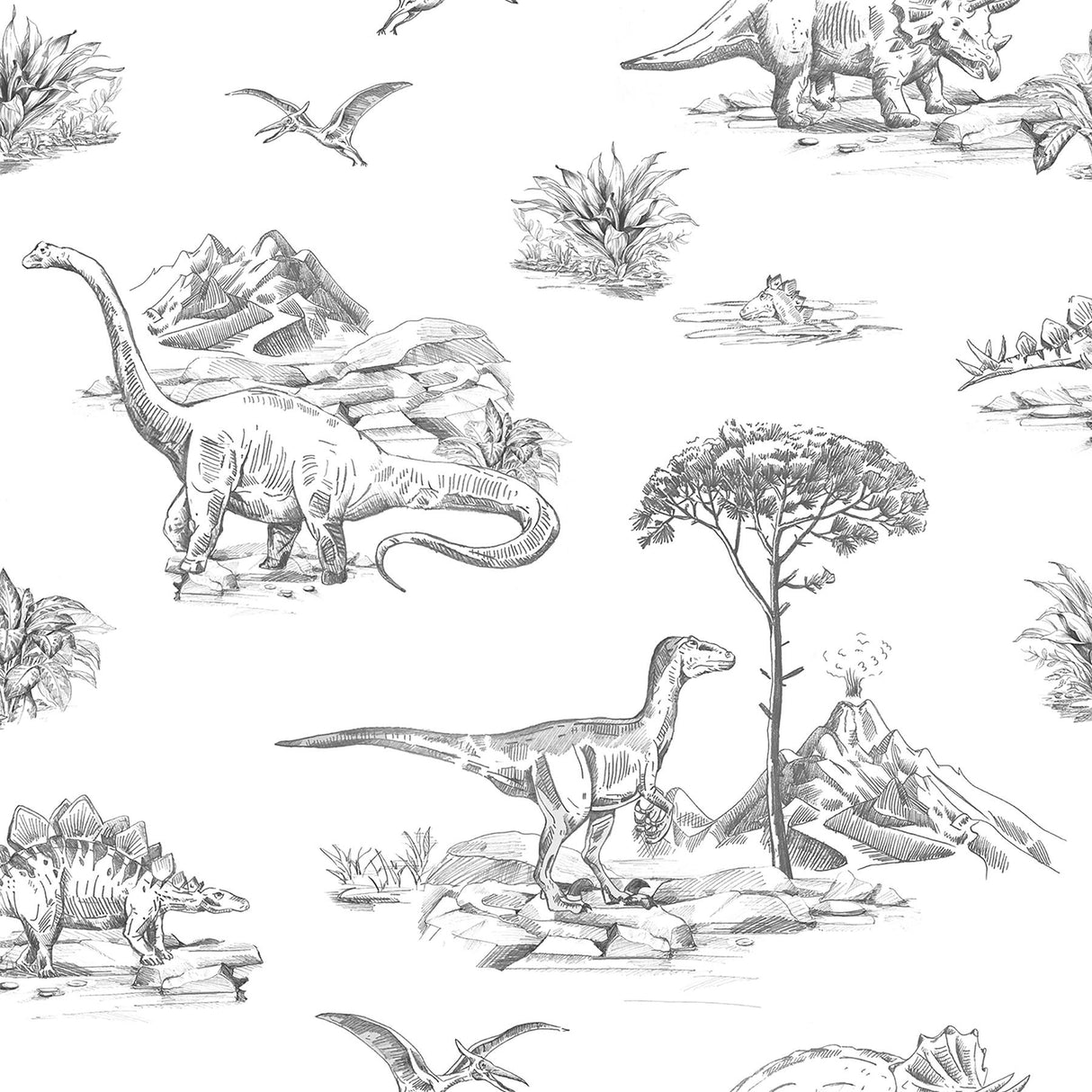 York Isolde Charcoal Dinosaurs Wallpaper