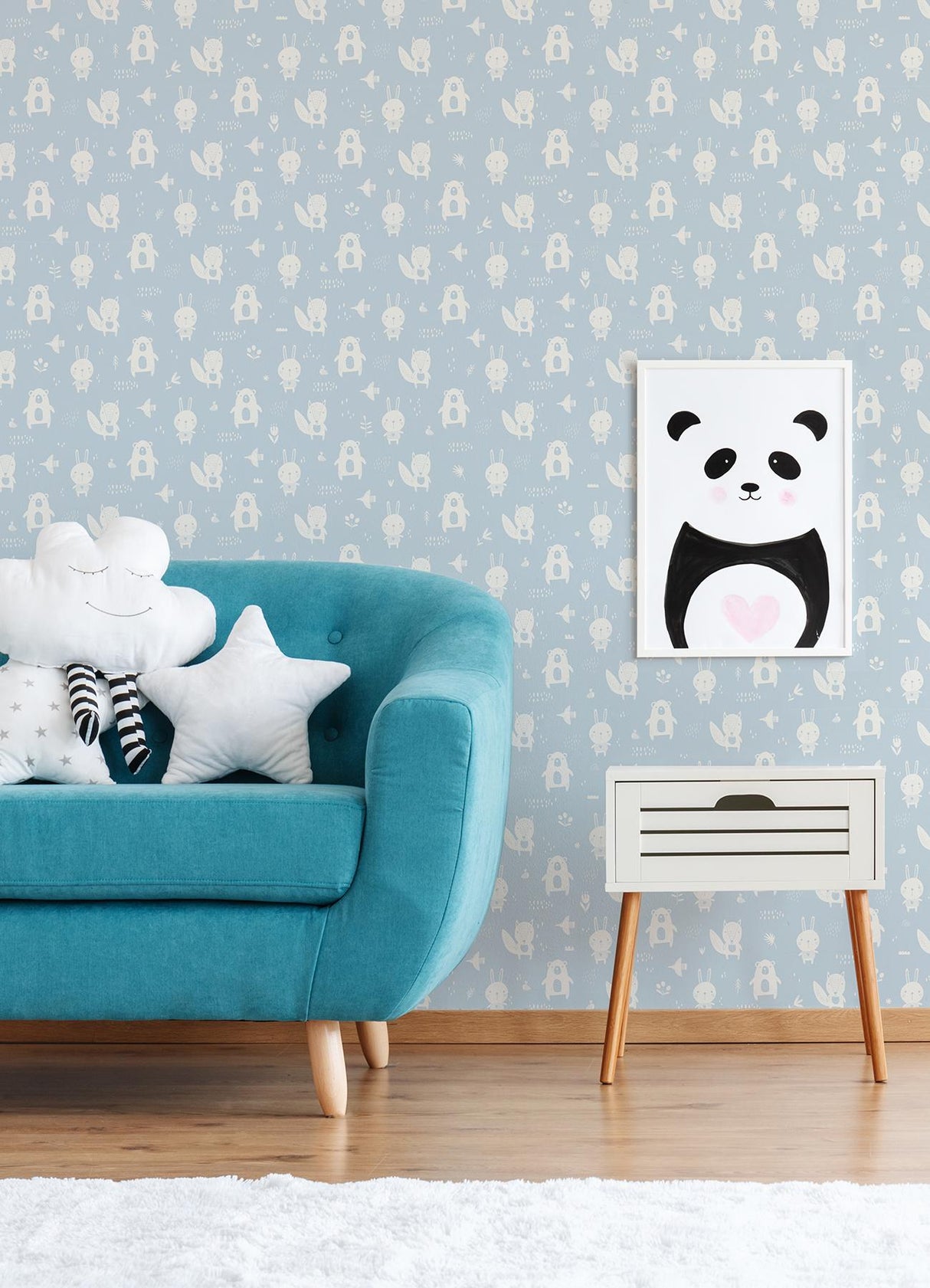 York Bitsy Sky Blue Woodland Wallpaper