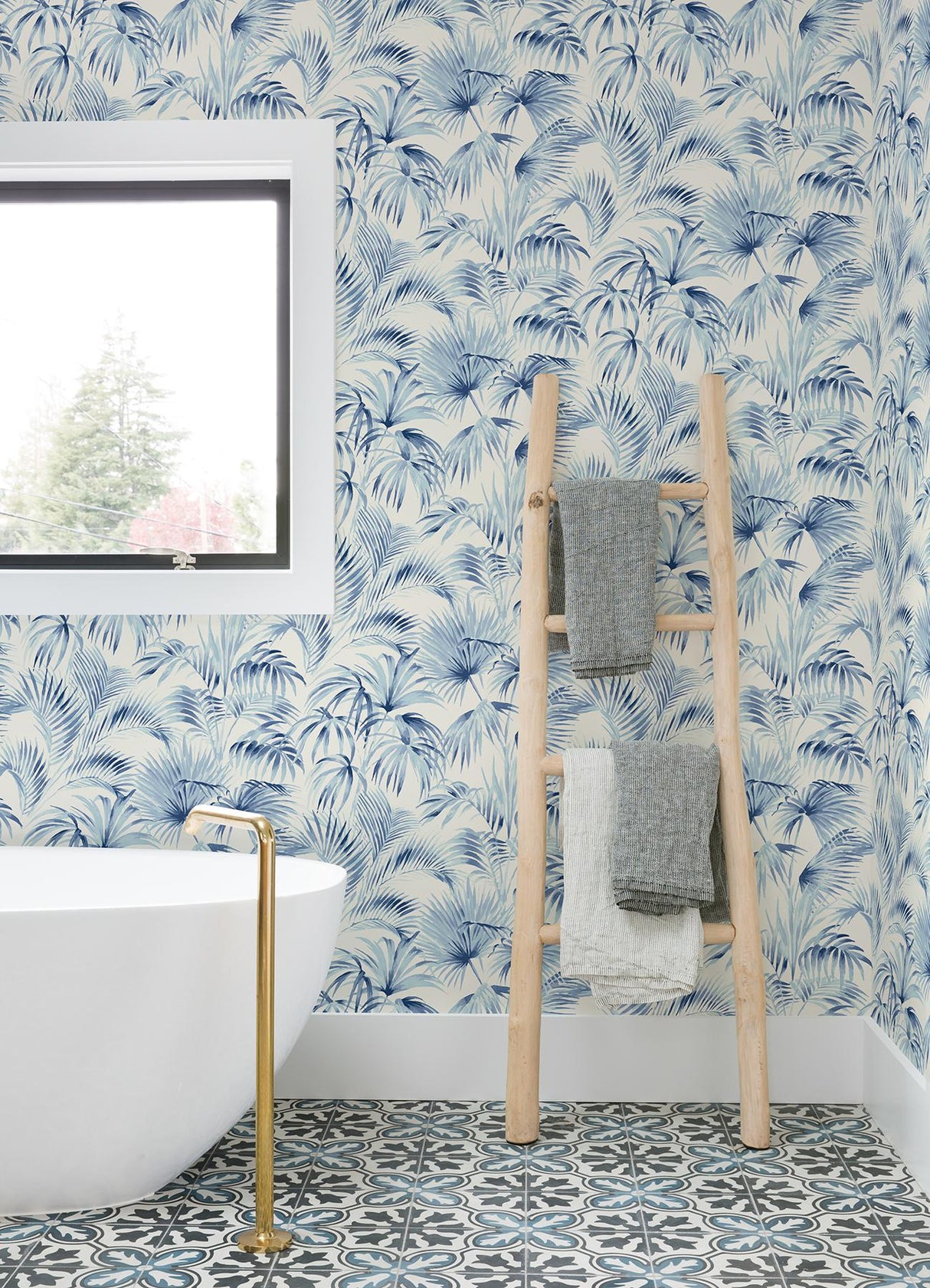 York Manaus Blue Palm Frond Wallpaper