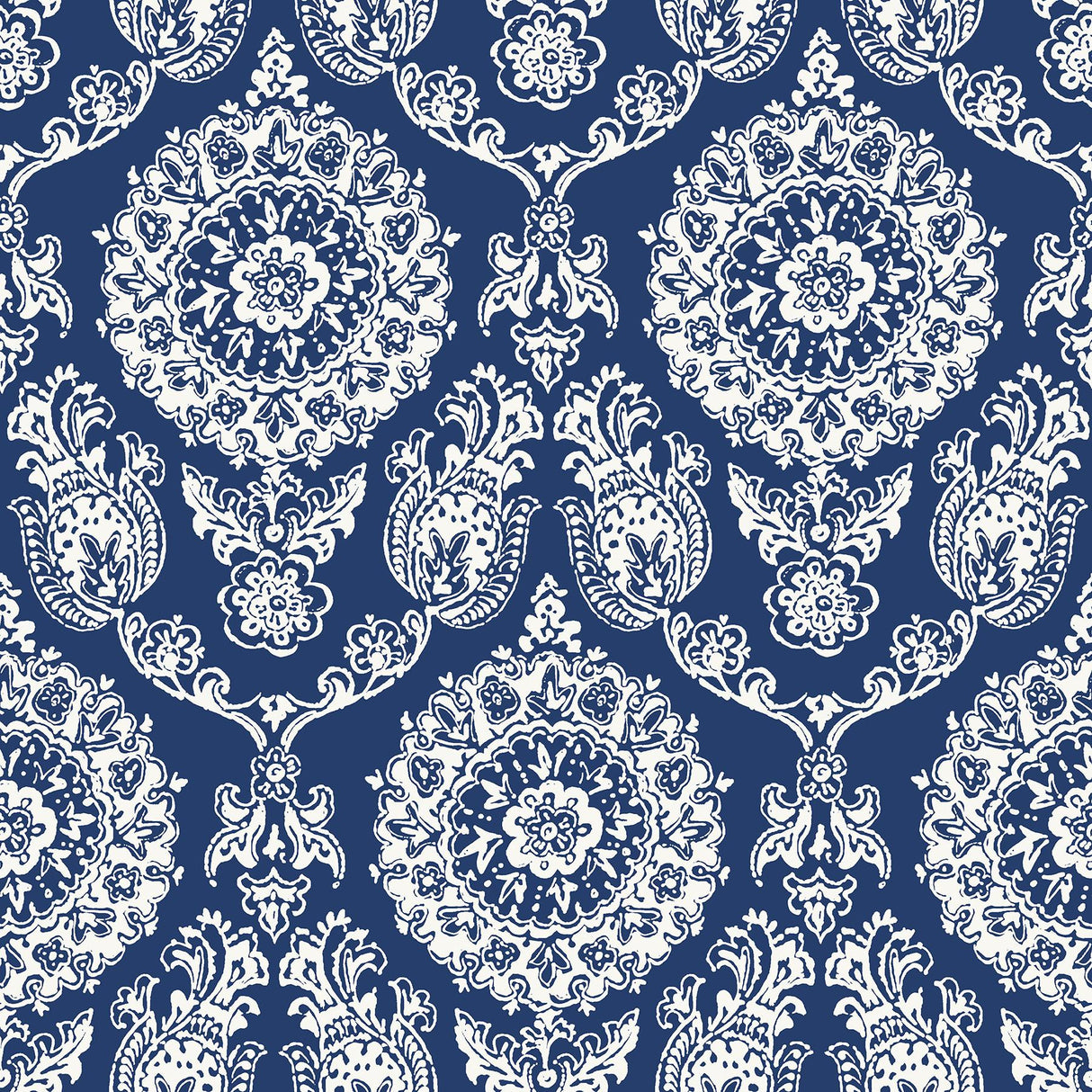 York Helm Damask Navy Floral Medallion Wallpaper
