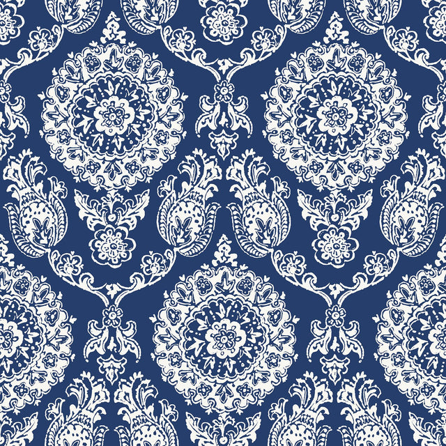 York Helm Damask Navy Floral Medallion Wallpaper