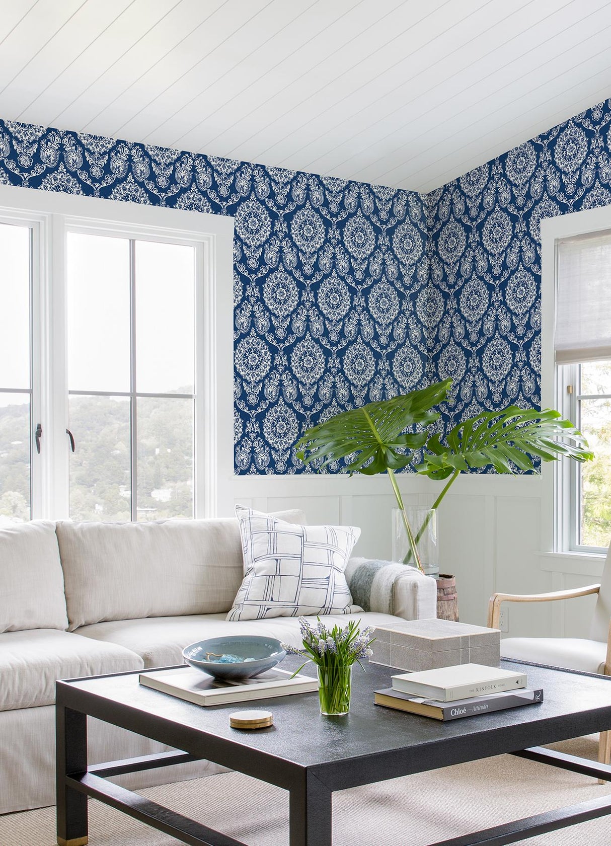 York Helm Damask Navy Floral Medallion Wallpaper