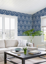 York Helm Damask Navy Floral Medallion Wallpaper