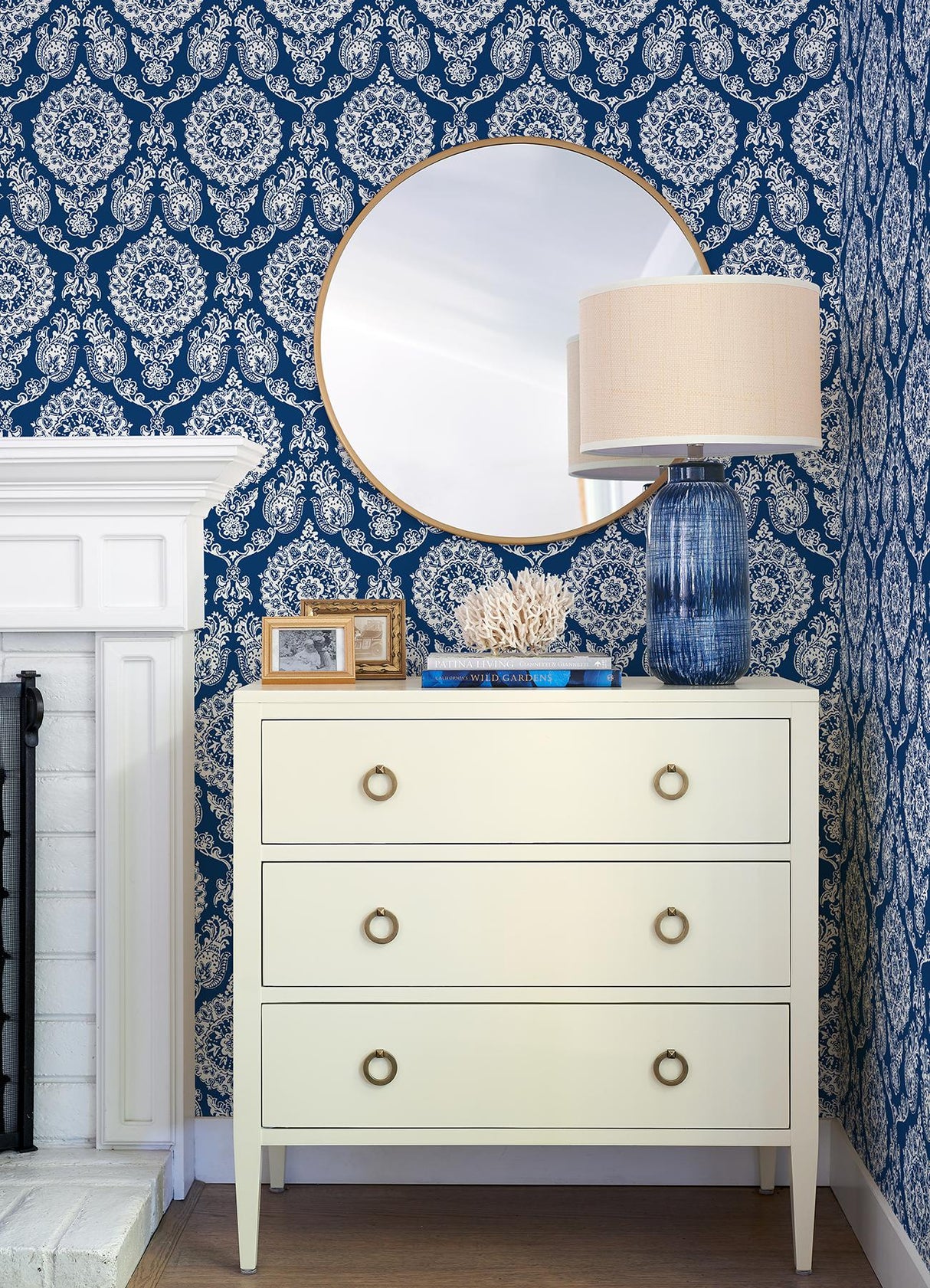 York Helm Damask Navy Floral Medallion Wallpaper